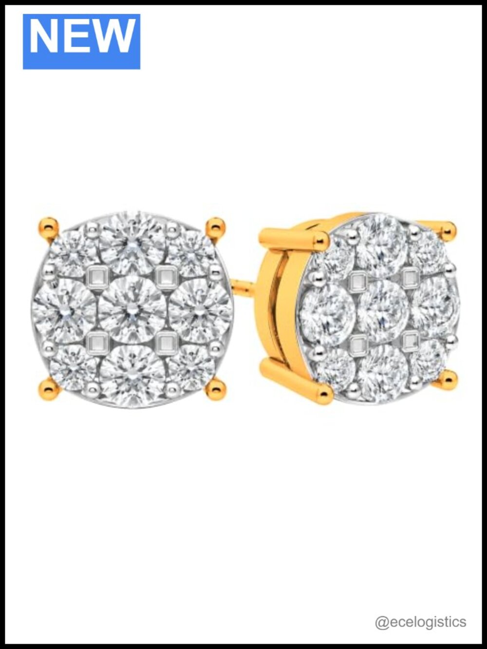 Diamond Cluster Stud Earrings 14K Gold Post Silver Basket